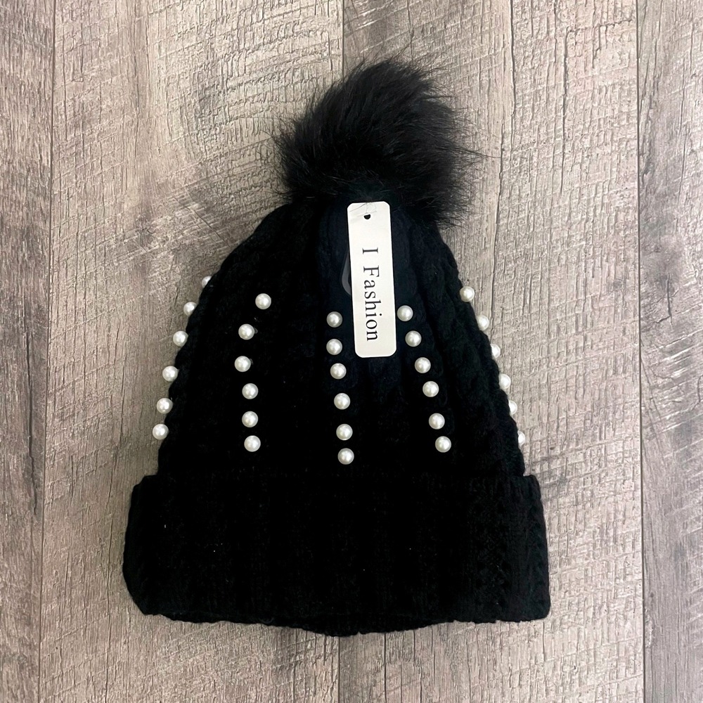 I Fashion Black Cable Knit Faux Pearl Pom Pom Beanie Faux Fur Lined Winter Hat